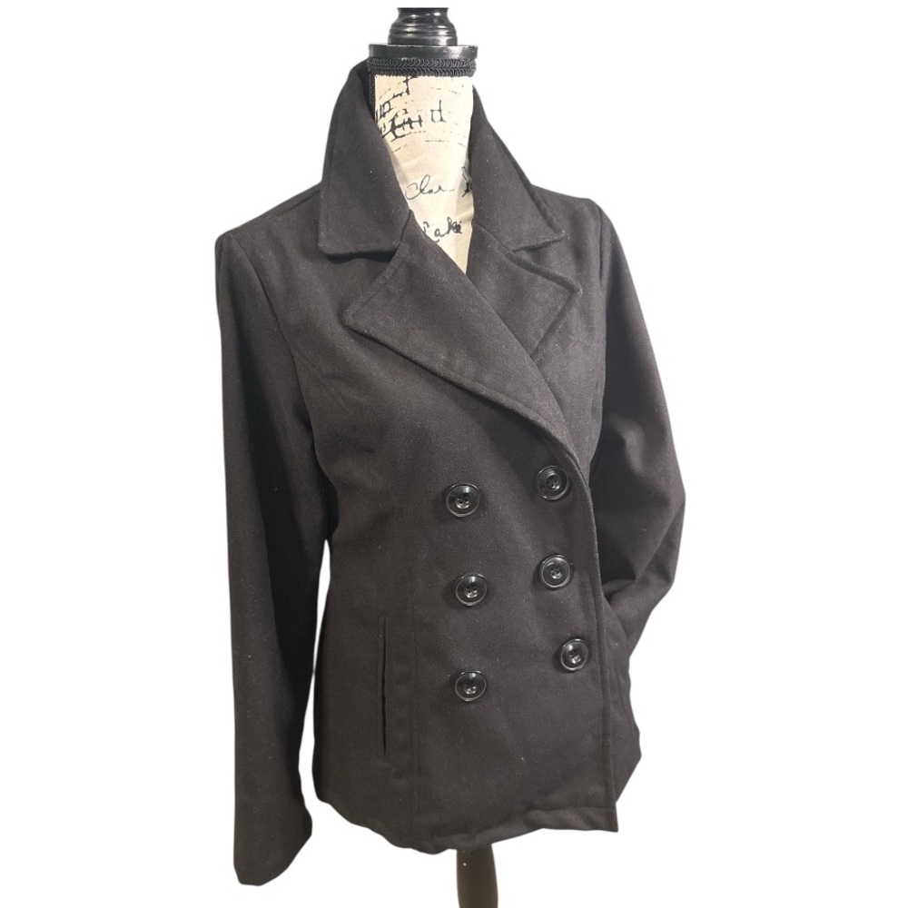 Jet Black Nautical Pea Coat Wool Blend 6 Button Purple Lining NWOT Sz M